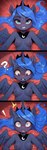 3_panel_comic anthro bed blue_body blush bodily_fluids breasts cosmic_hair crown drooling emanata ethereal_hair exclamation_point female furniture horn implied_sex jewelry looking_at_viewer looking_down medium_breasts motion_lines nipples open_mouth question_mark saliva shaking slightly_open_mouth smile smirk solo spread_wings trembling wings aiboi friendship_is_magic my_little_pony princess_luna_(mlp) equid equine mammal winged_unicorn absurd_res bust_portrait hi_res portrait