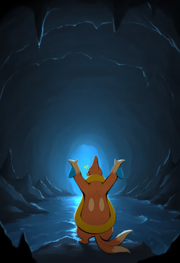 2_tails ambiguous_gender biped blue_body cave detailed_background dipstick_tail feet feral fur gesture inside light looking_away markings multi_tail multicolored_body multicolored_fur multicolored_tail orange_body orange_fur orange_tail raised_arms rear_view solo standing tail tail_markings tan_body toes two_tone_tail water tempting_(director) nintendo pokemon floatzel generation_4_pokemon mammal mustelid pokemon_(species) full-length_portrait hi_res portrait