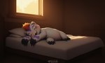 ambiguous_gender bed blush claws eyes_closed fur furniture hair inside light lying markings on_bed on_side open_mouth pillow purple_markings semi-anthro sleeping smile solo sunlight teeth text white_body white_fur window sergalbutt digimon digimon_(species) gomamon mammal 5:3 hi_res signature url