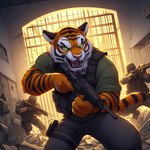 anthro armor background_character ballistic_vest bared_teeth belt black_stripes bottomwear clothing felid fur green_eyes gun holster male mammal markings military military_uniform nikkolaus orange_body orange_fur pantherine pants pink_nose pink_tongue prison ranged_weapon rifle sarge_the_tiger shirt sniper_rifle solo striped_body striped_fur striped_markings striped_tail stripes t-shirt tail_markings tiger tongue topwear uniform vest weapon