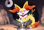 anthro ascot bodily_fluids cave clothed clothing crouching cum cum_everywhere cum_in_mouth cum_in_pussy cum_inside cum_on_face excessive_genital_fluids female fur genital_fluids genitals humanoid_genitalia hypnosis looking_pleasured messy mind_control pussy solo spread_pussy spreading yellow_body yellow_fur stressedout nintendo pokemon braixen generation_1_pokemon generation_6_pokemon hypno_(pokémon) pokemon_(species)