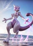 2_toes 3_fingers anthro beach breasts feet female fingers generation_1_pokemon genitals glowing grey_body grey_skin hi_res legendary_pokemon long_tail magic mewtwo nipples pokemon pokemon_(species) purple_body purple_eyes purple_skin pussy seaside sky smile solo stablexai teeth toes