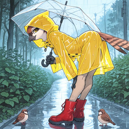 ambiguous_gender anthro beak bent_over bent_over_with_legs_held_straight biped boots brown_body brown_feathers clothed clothing coat detailed_background feathers female feral footwear group looking_at_viewer outside plant puddle raincoat raining red_clothing shrub smile solo_focus tail tail_feathers tan_body tan_feathers topwear translucent translucent_clothing tree trio umbrella water wet wet_clothing white_body white_feathers yellow_eyes unknown_director avian bird oscine passerine hi_res
