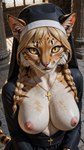 animal_ears anthro blonde_hair body_fur braided_hair breasts cross cross_necklace female female_anthro hair jewelry large_breasts looking_at_viewer necklace nipples nun nun_habit photorealism photorealistic pupils realistic slit_pupils solo stable_diffusion yellow_eyes yiffyjiffy2 felid feline mammal hi_res watermark