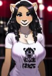 anthro black_hair breasts cleavage clothed clothing eyeshadow female grey_eyes hair jewelry large_breasts long_hair makeup necklace shirt solo t-shirt topwear majorfluffy_(director) felid lion mammal pantherine hi_res