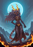 ambiguous_gender anthro black_sclera bottomwear braided_hair clothing dark_body dark_fur fangs fire fur fur_markings hair horn loincloth looking_at_viewer markings mountains orange_eyes shoulder_tuft slim smile solo tail tuft walking wind nonimousmate nat_(nonimousmate) felid mammal pantherine tiger hi_res