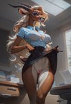 anthro big_breasts blonde_hair bottomwear breasts butt cleavage clothed clothing female genitals hair horn office_clothing presenting pussy raised_bottomwear raised_clothing raised_skirt skirt solo sweaty sanyasralker antelope bovid mammal hi_res