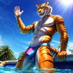 absurd_res anthro blue_eyes body_hair bulge chest_hair clothing felid fur hi_res light male mammal navel navel_piercing nipple_piercing nipples outside palm_tree pantherine piercing plant pup_tobey seductive solo speedo summer sunlight swimwear tiger tree water wet wet_body wet_fur