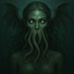 dark_fantasy eldritch female glowing glowing_eyes green_body green_skin lovecraftian solo tentacles wings fauirien cthulhu humanoid portrait