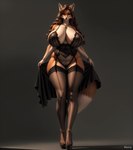 anthro big_breasts breasts brunette clothing curvaceous curvy_figure female female_focus footwear fox_ears fox_tail garter_straps green_eyes hair high_heels huge_breasts lace long_legs mature_female simple_background smile solo solo_focus tall voluptuous wavy_hair wide_hips moony canid canine fox mammal absurd_res hi_res