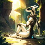 anthro blue_eyes cozy digitigrade female hi_res light light_beam oldhroft ruins side_view sitting smile solo sunbeam sunlight synth_(vader-san) warm_colors white_body