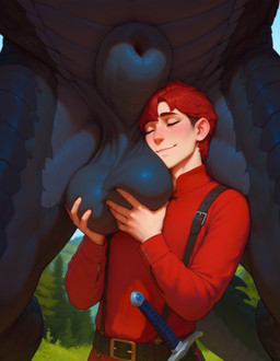 5_fingers ambiguous_feral ambiguous_gender animal_genitalia balls balls_on_face belt big_balls black_body black_scales blurred_background blush clothing cuddling duo enjoying feral fingers fully_sheathed gem genitals grey_body grey_scales hair holding_balls huge_balls male male/male melee_weapon mythology nature nature_background outside red_clothing red_hair scales sheath short_hair size_difference solo suspenders sword ventral_scales weapon adragocult dragon human mammal mythological_creature mythological_scalie scalie western_dragon absurd_res hi_res