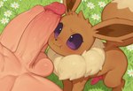 animal_genitalia balls bestiality blush brown_body brown_fur canine_genitalia duo feral fur genitals human_on_feral interspecies looking_at_viewer male male/male penis penis_on_face pokephilia vein veiny_penis twinkaton nintendo pokemon eevee eeveelution generation_1_pokemon human mammal pokemon_(species)