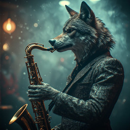 anthro clothed clothing fur male musical_instrument playing_music saxophone simple_background suit suit_jacket wind_instrument woodwind_instrument maw_master canid canine mammal