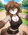 anthro bench big_breasts blue_eyes blush breasts brown_hair cleavage clothed clothing cloud day dolphin_shorts female fur grass grey_body grey_fur hair half-closed_eyes looking_at_viewer midriff narrowed_eyes outside park plant prompt selfie shirt sky smile smug solo standing tank_top topwear tree anontk twokinds kathrin_vaughan felid mammal pantherine snow_leopard 2025 hi_res