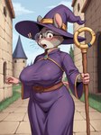 anthro belt big_breasts breasts castle city city_background clothing embarrassed eyewear female glasses hat headgear headwear holding_object looking_at_viewer magic_user magic_wand nipple_outline open_mouth outdoors robe shy solo standing suprise tight_clothing whiskers wizard_hat anonymous_director mammal murid murine rat rodent hi_res