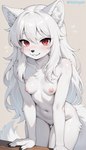 anthro blush breasts chest_tuft claws female fur hair inner_ear_fluff long_hair looking_at_viewer navel nipples nude pawpads red_eyes small_breasts smile solo tail tuft white_body white_fur white_hair kaltingale_(director) arctic_fox canid canine fox mammal hi_res
