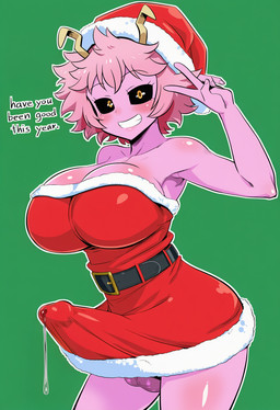 balls belt black_sclera blush breasts christmas_clothing christmas_headwear cleavage clothed clothing costume dialogue dress erection genitals gynomorph hair hat headgear headwear horn intersex penis pink_body pink_hair santa_costume santa_hat short_hair simple_background smile smiling_at_viewer solo strapless_clothing strapless_dress teeth text yellow_eyes anonymous_director my_hero_academia ashido_mina horned_humanoid humanoid english_text hi_res