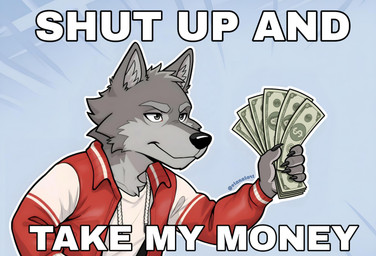 andromorph anthro black_nose cheek_tuft clothing facial_tuft fur grey_body grey_eyes grey_fur holding_money holding_object intersex male money red_clothing red_topwear shirt simple_background solo t-shirt topwear tuft white_clothing white_topwear vianaiart meme_2026 canid canine canis humanoid mammal wolf absurd_res hi_res meme