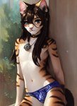 anthro blue_clothing bulge clothed clothing countershade_fur countershade_torso countershading felid feline fur girly hair long_hair male mammal navel prompt prompt_metainfo solo striped_body striped_fur stripes tesseract_(director)