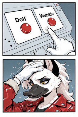 anthro beak black_beak black_ears black_eyeshadow clothing control_panel duck_bill eyeshadow female fur hair long_hair makeup nervous_sweat solo white_body white_fur white_hair yellow_eyes dakka meme_2026 kyrie_(dakka) anatid anseriform avian bird canid canine canis duck hybrid mammal wolf hi_res