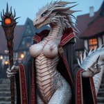 anthro blue_eyes breasts carnelia clothed clothing dragonborn_(disambiguation) exposed_breasts female magic_user nipples non-mammal_breasts non-mammal_nipples presenting robe scales scalie sharp_teeth skimpy solo staff teeth ulfyn white_body white_scales