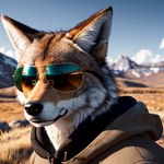 anthro canid canine canis clothing coyote coyote_actual detailed_background eyewear hoodie male mammal mountains photorealism realistic realistic_fur solo solo_focus sunglasses topwear