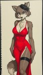 anthro breasts cleavage clothed clothing dress feathers female hat headgear headwear pose red_clothing red_dress slit_dress standing nnam_si3 beastars juno_(beastars) canid canine canis mammal wolf hi_res traditional_media_(artwork)