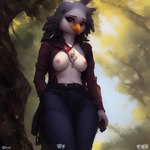 anthro attempted_signature avian beak biped bird bottomwear breasts clothed clothing feathers female fleekfeather hoodie jewelry necklace nipples pants partially_clothed solo topwear