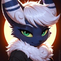 anthro backlighting black_nose blue_body blue_fur cheek_tuft chest_tuft clothing facial_tuft fluffy fur green_eyes green_sclera hair light long_ears looking_at_viewer male multicolored_body multicolored_fur narrowed_eyes shirt short_hair simple_background smile solo topwear tuft two_tone_body two_tone_fur upper_body white_body white_fur white_hair kaltingale_(director) nintendo pokemon generation_6_pokemon meowstic pokemon_(species) hi_res lighting portrait watermark