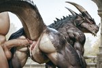 animal_genitalia anthro balls black_body black_scales bodily_fluids cloaca cloacal cloacal_penetration cum cum_inside duo female genital_fluids genitals male male/female penetration penis raised_tail rear_view scales hyperion human lizardman mammal reptile scalie