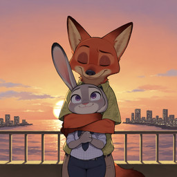 aloha_shirt blush bottomwear bridge city city_background cityscape clothed clothing cloud detailed_background dipstick_ears disney duo ear_markings embrace eyes_closed facial_markings female fully_clothed fur grey_body grey_fur happy head_markings hug larger_male light male markings multicolored_ears necktie orange_body orange_fur outside pants pattern_clothing pattern_shirt pattern_topwear pink_nose purple_eyes romantic romantic_couple sea shirt size_difference sky smaller_female smile standing sunset topwear tuft water wholesome_content unknown_director zootopia judy_hopps nick_wilde canid canine fox lagomorph leporid mammal rabbit red_fox hi_res lighting