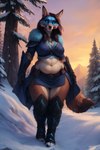 absurd_res alternate_pickens anthro armor belly black_nose blue_body blue_eyes blue_fur blue_sclera boots breasts brown_body brown_fur canid canine canis clothed clothing curvy_figure detailed detailed_background detailed_eyes detailed_fur dipstick_tail female fluffy footwear forest full-length_portrait fur hair hi_res hips inner_ear_fluff looking_at_viewer mammal markings midriff mountains multicolored_body multicolored_fur outside plant portrait sky slightly_chubby snow solo solo_focus tail_markings thick_thighs tree tuft two_tone_body two_tone_fur voluptuous wide_hips wolf yiffymix_(model)