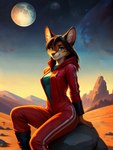 anthro blue_eyes breasts brown_hair clothed clothing detailed_background felid feline female fully_clothed fur hair hi_res inner_ear_fluff jumpsuit mammal moon mountains orange_body orange_fur outside science_fiction serval sitting smile snowshoes solo space star tuft yiffymix_(model)