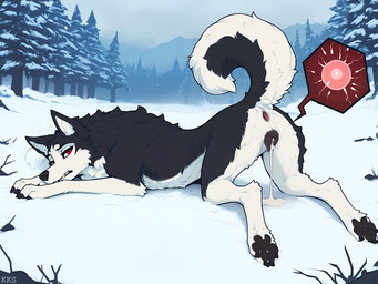 animal_genitalia animal_pussy black_body black_fur bodily_fluids canine_genitalia canine_pussy cum cum_in_pussy cum_inside evergreen_tree female feral fluffy fluffy_tail forest fur genital_fluids genitals impregnation outside ovum pawpads pine_tree plant pussy raised_tail red_eyes snow solo sperm_cell tree white_body white_fur krickracsac canid canine canis domestic_dog husky mammal nordic_sled_dog spitz hi_res