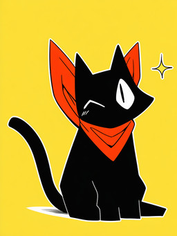 bandanna black_body black_fur feral fur kerchief looking_at_viewer male one_eye_closed simple_background solo tail wink yellow_background blackcatshack sakamoto_(nichijou) felid feline mammal