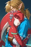 blue_clothing blue_shirt blue_topwear clothing duo ear_piercing embrace eyelashes eyes_closed female fin fingernails fish_tail hair happy hug jewelry male male/female nails piercing ponytail shirt simple_background topwear tamrad the_legend_of_zelda the_legend_of_zelda:_breath_of_the_wild link mipha humanoid hi_res