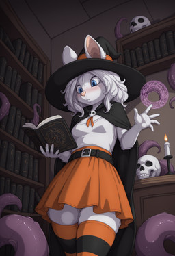 anthro blue_eyes book bookshelf bottomwear clothing female food fruit fur furniture halloween hat headgear headwear jack-o'-lantern legwear library magic pattern_clothing pattern_legwear plant pumpkin skirt solo striped_clothing striped_legwear stripes tentacles thigh_highs white_body white_fur witch_hat neural_bunny lagomorph leporid mammal rabbit absurd_res hi_res