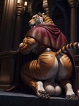 absurd_res anthro balls bedroom_eyes belt big_balls big_butt big_muscles bubble_butt butt clothing code_0_0 felid feline genitals hi_res kneeling looking_back male mammal muscular muscular_male narrowed_eyes on_ground palace pantherine presenting presenting_hindquarters seductive solo tiger tongue tongue_out topwear