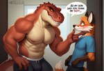 abs age_difference anthro biceps biped blue_clothing blush bottomwear bulge claws clothed clothing dialogue duo fur inside larger_anthro larger_male looking_at_another male male/male markings muscular muscular_anthro muscular_male nervous_smile nipples older_anthro older_male orange_body orange_fur pecs scales shirt shorts size_difference smaller_anthro smaller_male smile speech_bubble tail teeth text topless topwear underwear white_body yellow_eyes sergalbutt canid canine dinosaur fox mammal reptile scalie theropod tyrannosaurid tyrannosaurus tyrannosaurus_rex alternate_version_at_source english_text signature url