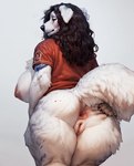 anthro anus big_breasts breasts butt clothing curled_hair female floppy_ears fluffy genitals hair hand_on_butt mature_female messy_hair peach_pussy presenting pussy raised_tail rear_view shirt simple_background solo spread_butt spreading thick_thighs topwear wide_hips cerinil canid canine canis domestic_dog mammal