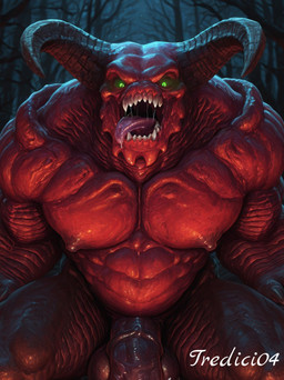 animal_genitalia animal_penis balls equine_penis forest genitals glowing glowing_eyes green_eyes light male moonlight muscular night penis plant red_body sharp_teeth solo teeth tree tredici04 doom_(game) baron_of_hell humanoid hi_res