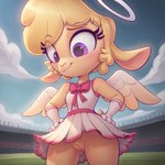 anthro blonde_hair bottomwear breasts cheerleader_outfit clothed clothing female hair halo hands_on_hips no_underwear pubes short_stack skirt small_breasts solo standing wings dr_crapola keenie_(helluva_boss) angel bovid caprine mammal sheep hi_res