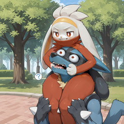 anthro asphyxiation biped black_body black_fur blue_body blue_fur blush bodily_fluids bulging_eyes carrying_another choking claws day detailed_background duo evil_grin female fingers fur grass male male/female open_mouth outside plant question_mark red_body red_eyes size_difference smile spikes spikes_(anatomy) sweat teeth thick_thighs tree white_body white_fur k01 nintendo pokemon canid generation_4_pokemon generation_8_pokemon lagomorph lucario mammal pokemon_(species) raboot digital_media_(artwork) hi_res