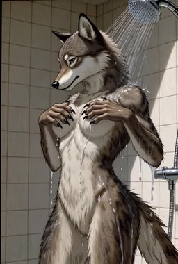 2026 anthro breasts female navel nipples nude shower solo standing water yellow_eyes carnivalecloudmuncher canid canine canis mammal wolf animated short_playtime sound tagme webm