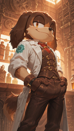 anthro bottomwear brown_body brown_fur clothing collar fluffy fluffy_tail fur gloves handwear inside male necktie pants smile smiling_at_viewer solo standing tail topwear vest crody canid canine canis domestic_dog mammal hi_res