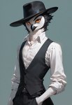 anthro beak belt_buckle bottomwear clothing feathers fedora hat headgear headwear male pants rolled_up_sleeves shirt simple_background solo topwear vest yellow_sclera rune_parrot avian bird owl hi_res