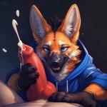 animal_genitalia animal_penis anthro ascar_the_maned_fox_(character) big_penis black_hair blue_eyes bodily_fluids canid canine canine_genitalia canine_penis clothing cum duo first_person_view fox genital_fluids genitals hair handjob hi_res hoodie huge_penis looking_at_viewer male male/male mammal maned_wolf penile penis pinasheep69 sex topwear