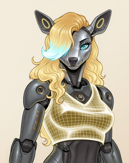 anthro blonde_hair breasts cables eyelashes female glowing glowing_eyes glowing_hair hair looking_at_viewer machine mechanical_arms mechanical_joints metallic_body robot_joints robotic_arms robotic_body solo gilkardex e6ai mascot_2025 cervid mammal robot hi_res