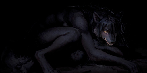 anthro black_background black_body black_fur black_hair bodily_fluids crouching crying curled_up dark digitigrade female fur hair hair_over_eye one_eye_closed one_eye_obstructed sad saliva simple_background solo tears teeth yellow_eyes not_a_real_wolf juniper canid canine canis mammal werecanid werecanine werecreature werewolf wolf hi_res